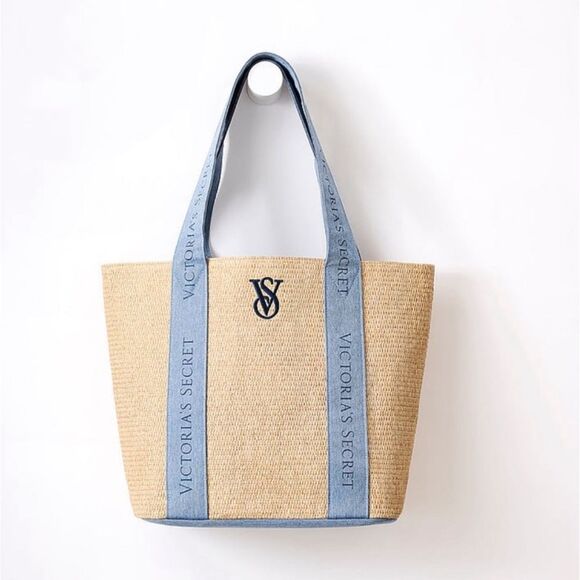 Victoria's Secret Tan and Blue Canvas Tote - Picture 1 of 5
